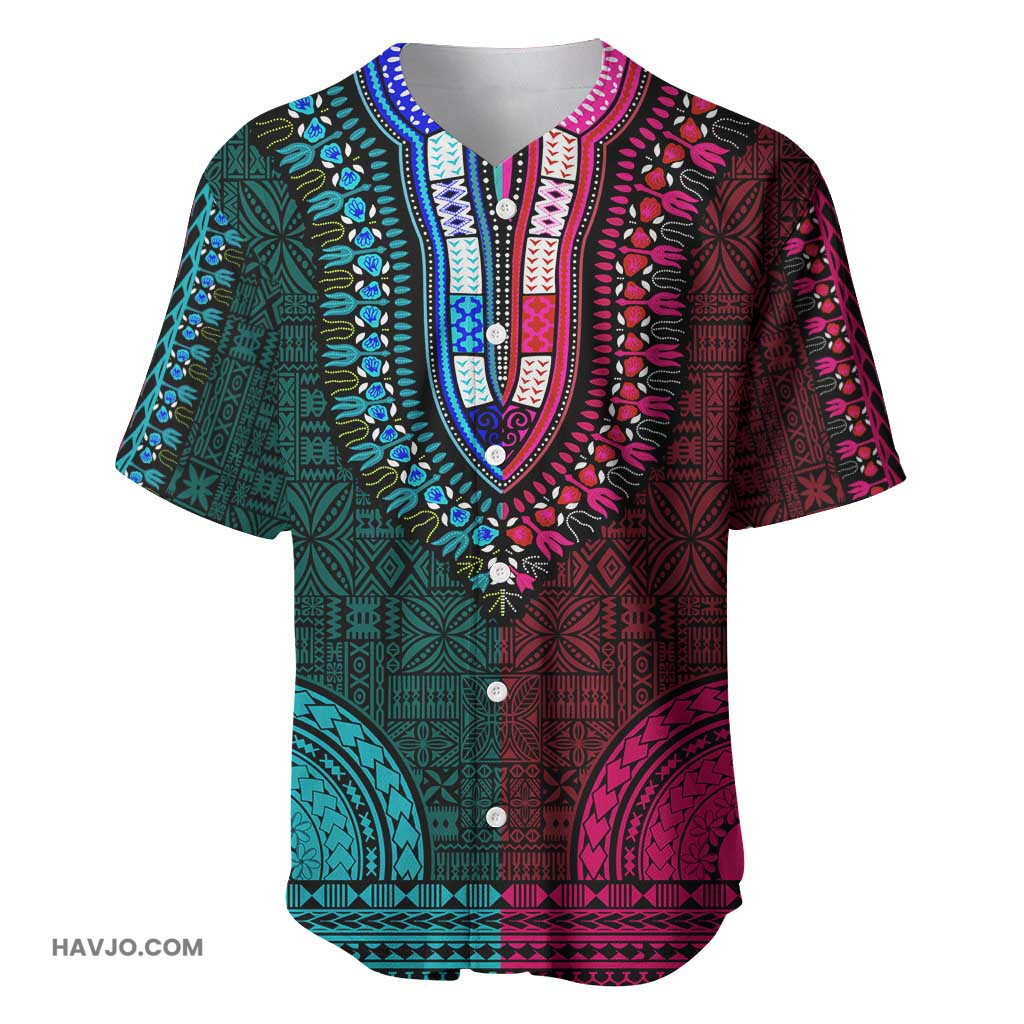 Teal pink Dashiki and Tapa Pattern Africa Polynesia Together Culture Baseball Jersey