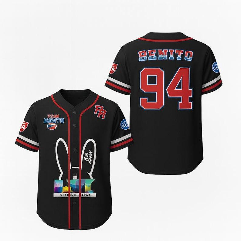 Team Benito 94 Baseball Jersey, Black Red Puerto Rico Inspired Shirt
