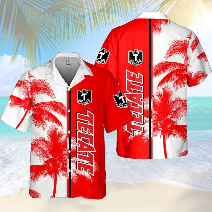 Tecate Beer Palm Tree Hawaiian Shirt Tropical Aloha Button Up