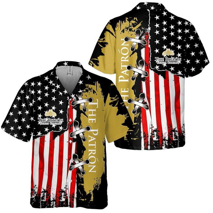 Tequila Patron American Flag Hawaiian Shirt Tropical Aloha Button Up