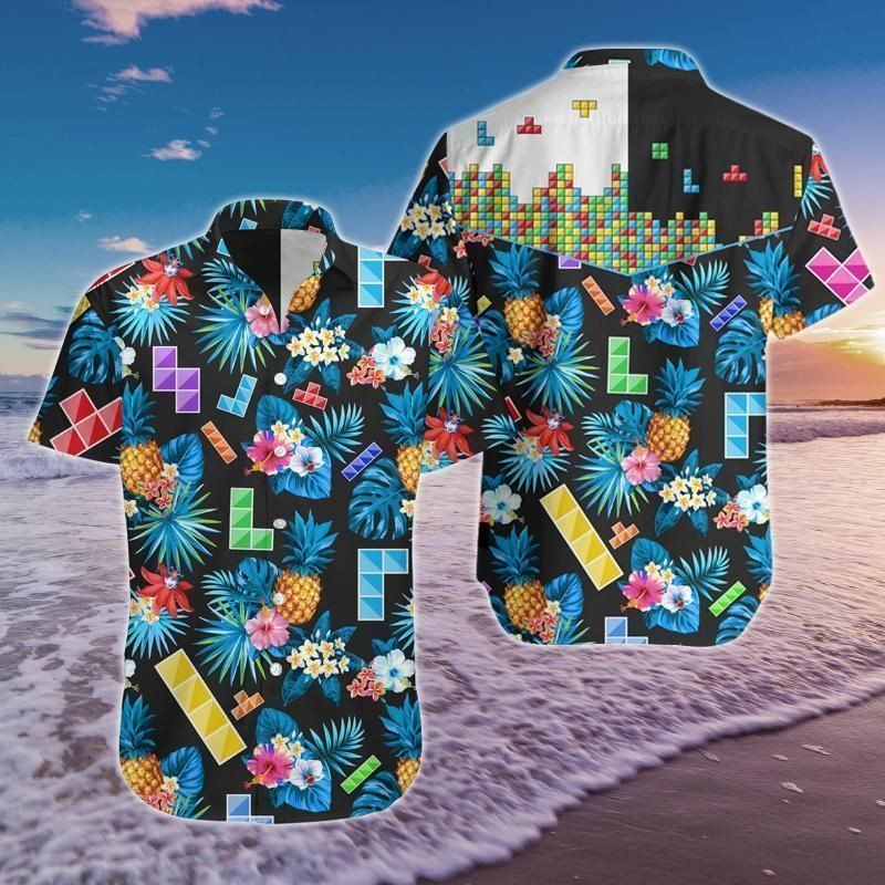 Tetris Game Hawaiian Shirt Tropical Aloha Button Up