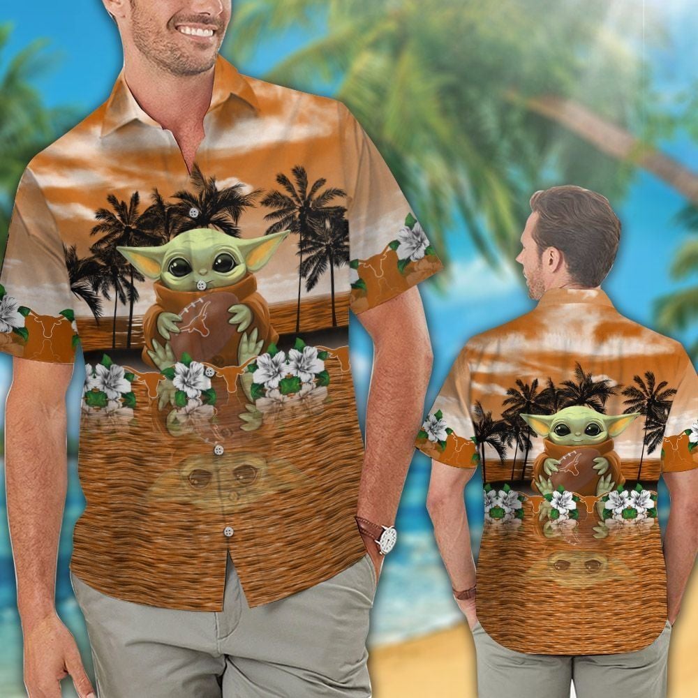 Texas Longhorns Baby Yoda Hawaiian Shirt Tropical Aloha Button Up