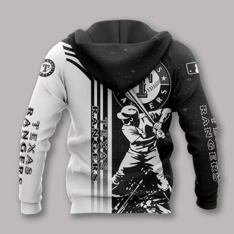 Alternative view of Texas Rangers Black And White MLB All Over Print Hoodie