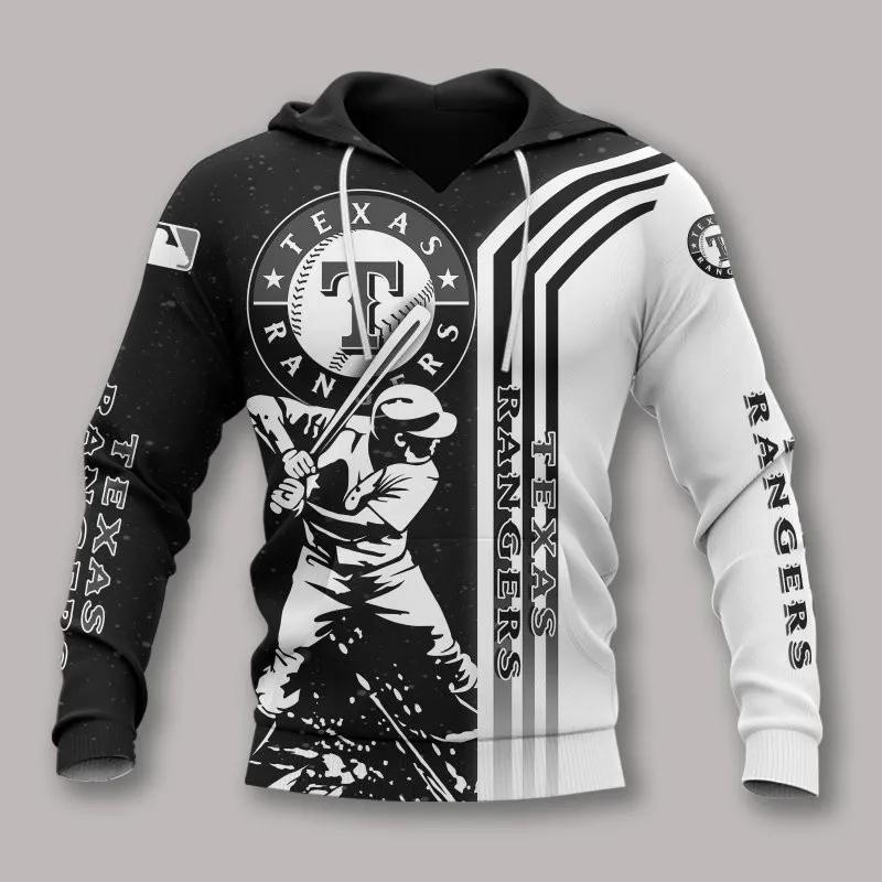 Texas Rangers Black And White MLB All Over Print Hoodie