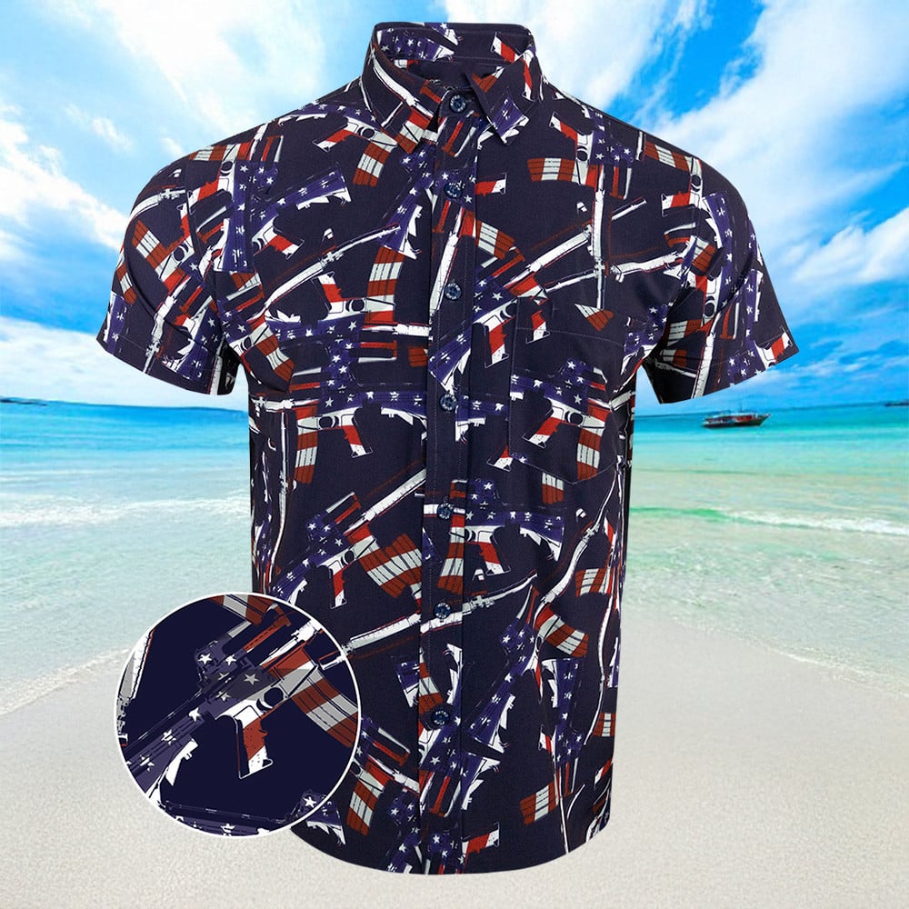 The 4th Hawaiian Shirt Patriotic Button Up Shirt Gifts For Gun Lovers