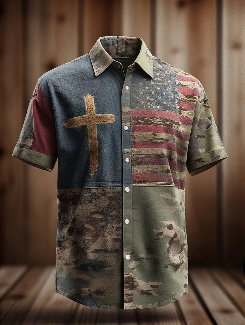 The Holy Cross American Flag Camo Hawaiian Shirt Patriotic Style Presents For Veterans