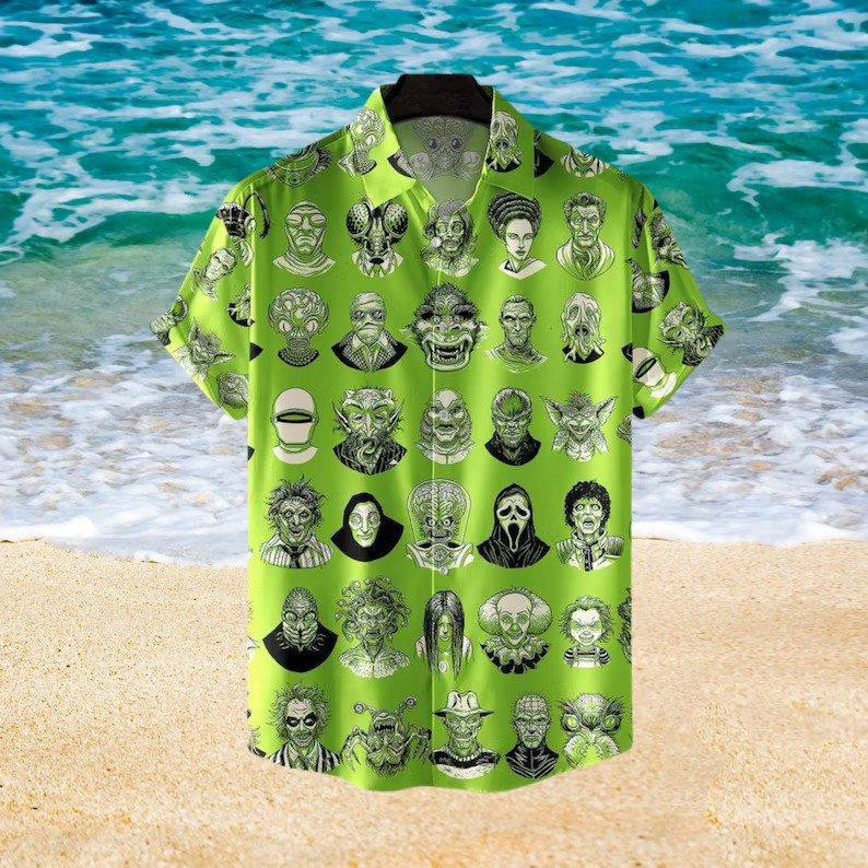 The Monsters Horror Character Face Hawaiian Shirt Tropical Aloha Button Up