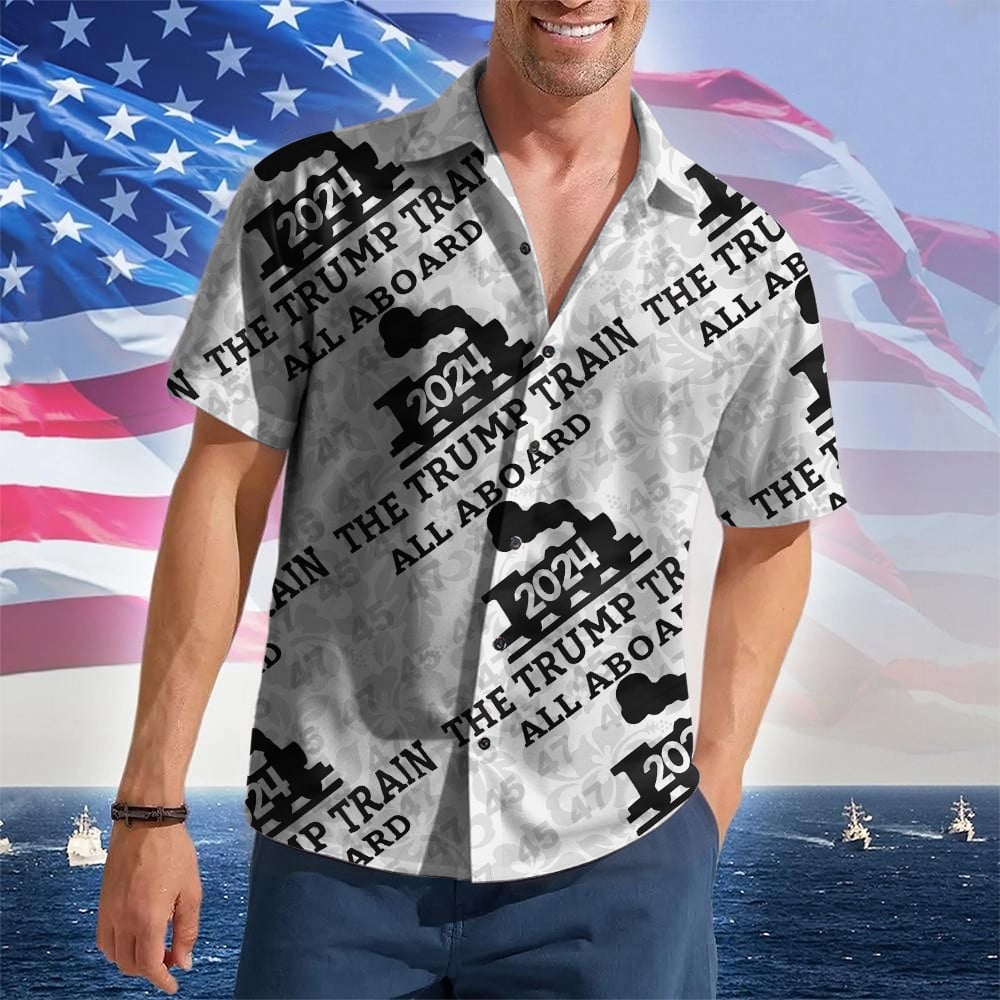 The Trump Train All Aboard Hawaiian Shirt Trump 2024 Merch MAGA Patriotic Button Up Shirt