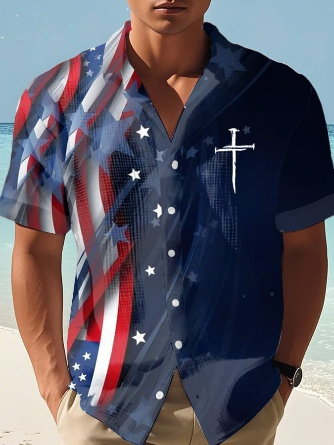 Three Nails Christian Cross American Flag Hawaiian Shirt Men's Patriotic Faith Clothing