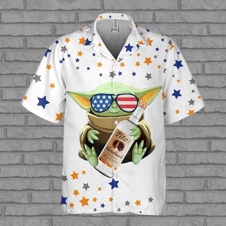 Tito's Handmade Vodka Baby Yoda Hawaiian Shirt Tropical Aloha Button Up
