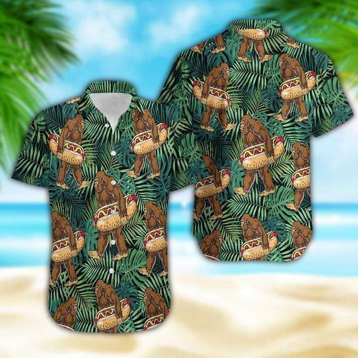 Tropical Bigfoot Carrying Hotdog Camping Hawaiian Shirt Tropical Aloha Button Up
