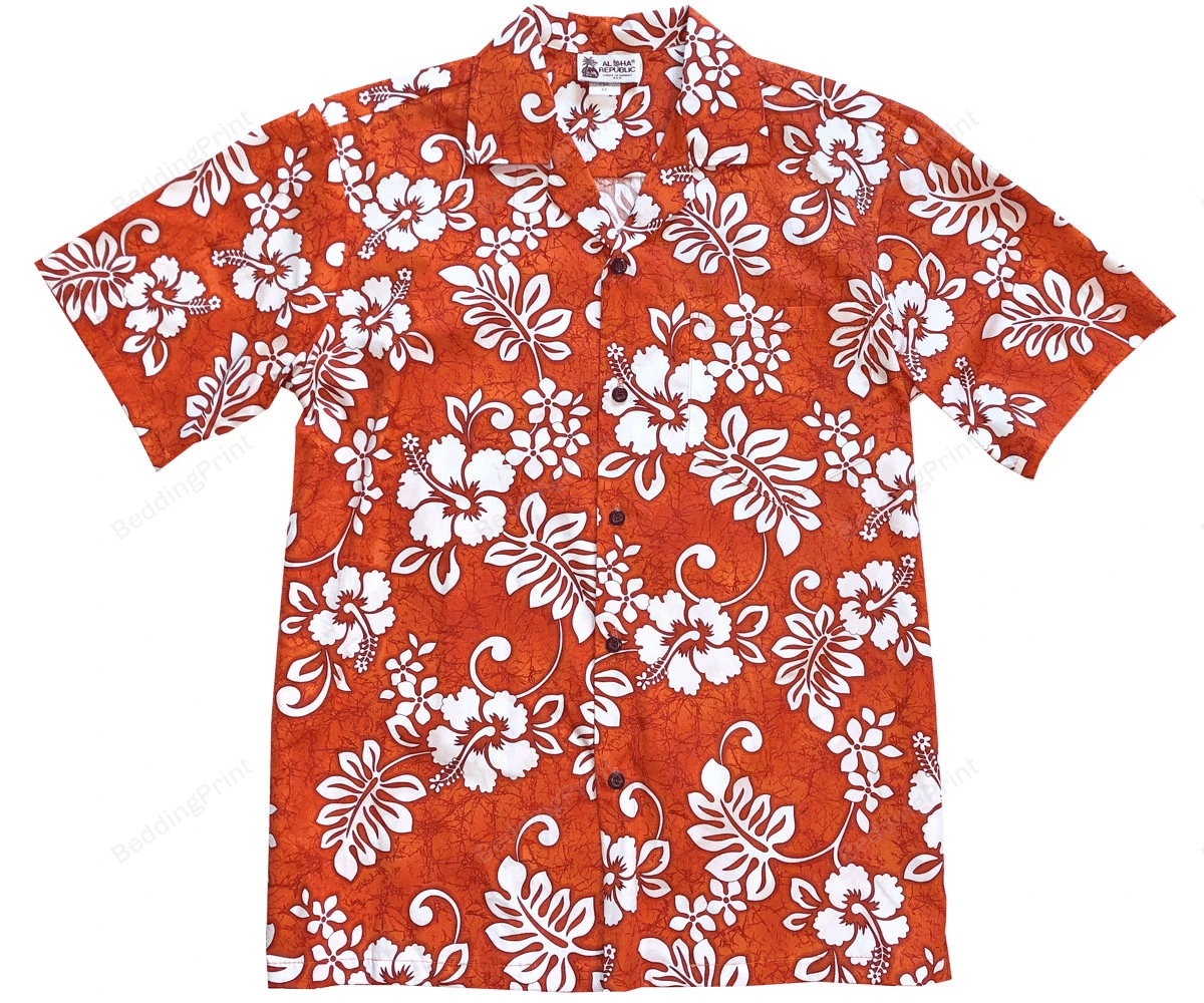 Tropical Floral Orange Hawaiian Shirt Tropical Aloha Button Up