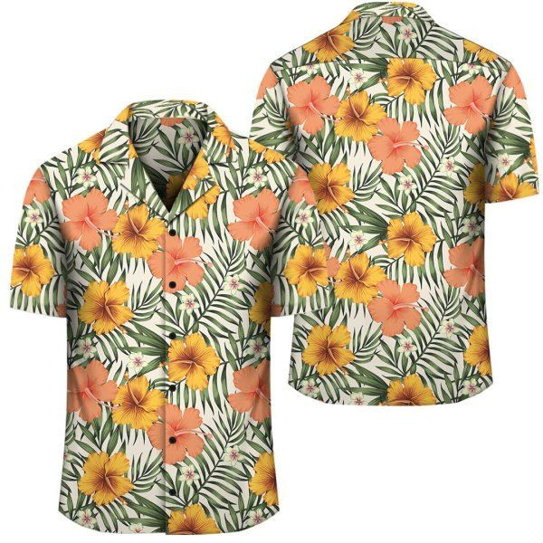 Tropical Flowers Hibiscus Pink Yellow Hawaiian Shirt Tropical Aloha Button Up