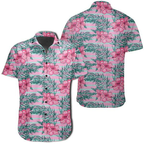 Tropical Flowers Palm Leaves Hibiscus Strips Hawaiian Shirt Tropical Aloha Button Up