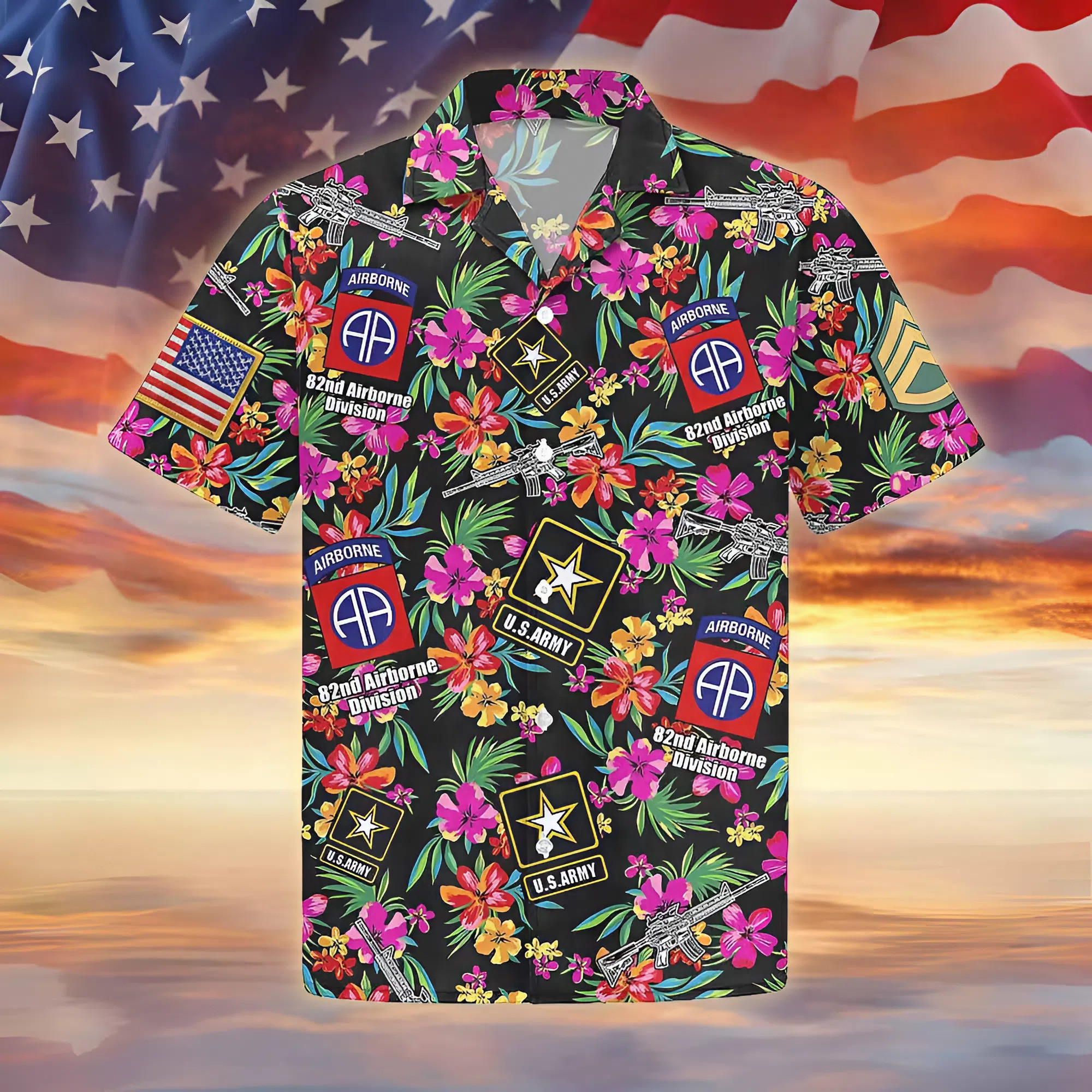 Tropical Flowers US Army 82nd Airborne Division Hawaiian Shirt Military Aloha Patriotic Soldier Top Gift For Him