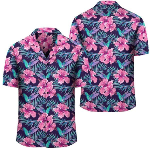 Tropical Flowers With Hummingbirds Palm Leaves Hawaiian Shirt Tropical Aloha Button Up