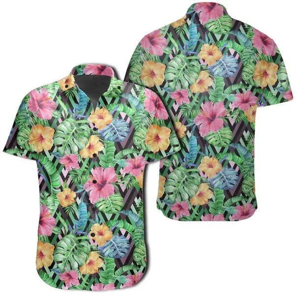 Tropical Hibiscus Banana Leafs Hawaiian Shirt Tropical Aloha Button Up