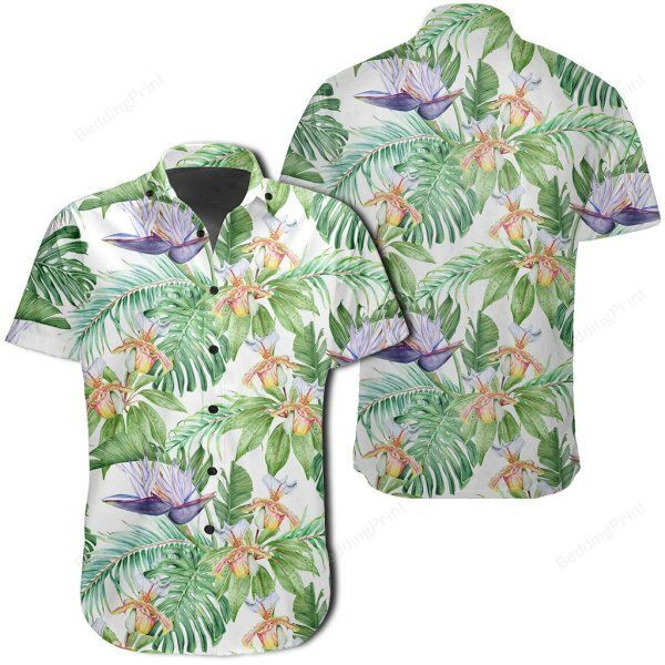 Tropical Orange Orchids Strelitzia Monstera Hawaiian Shirt Tropical Aloha Button Up