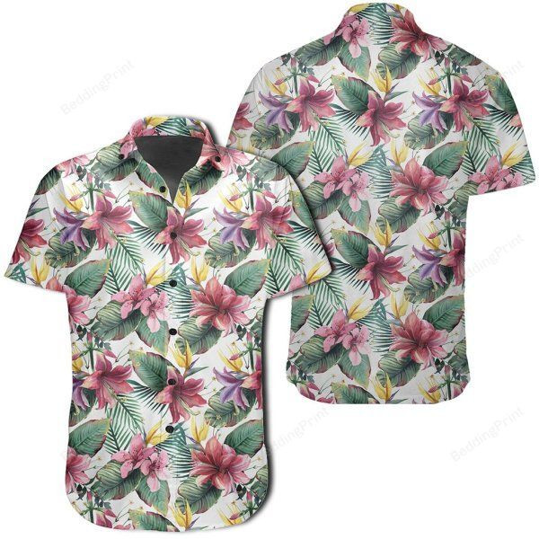 Tropical Palm Leaf White Hawaiian Shirt Tropical Aloha Button Up