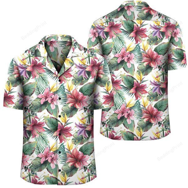 Tropical Palm Leaf White Hawaiian Shirt Tropical Aloha Button Up