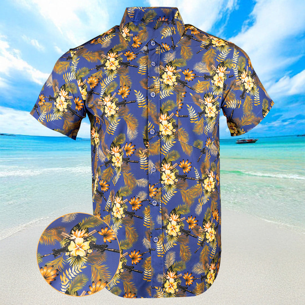 Tropics Blue Gold Hawaiian Shirt Button Up Summer Shirts For Men Gifts