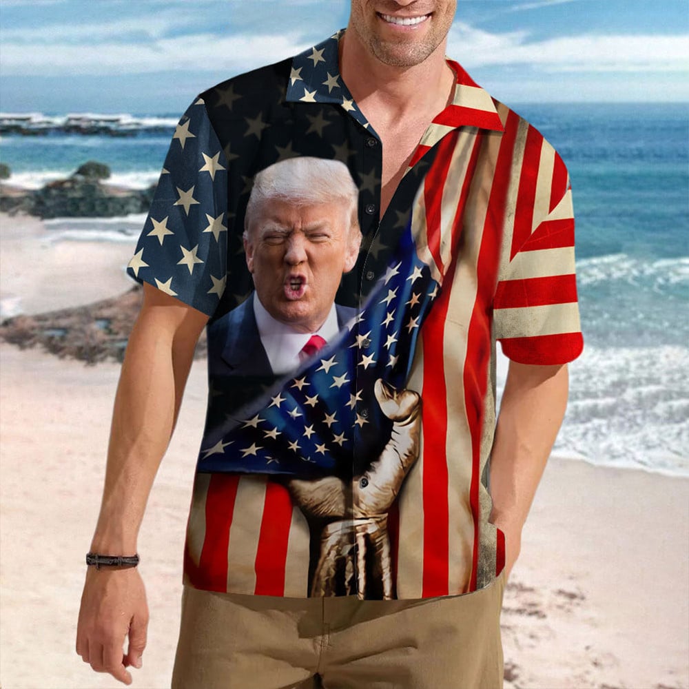 Trump 2024 American Flag Hawaiian Shirt Funny Donald Trump Patriotic Button Up Shirt MAGA Merch