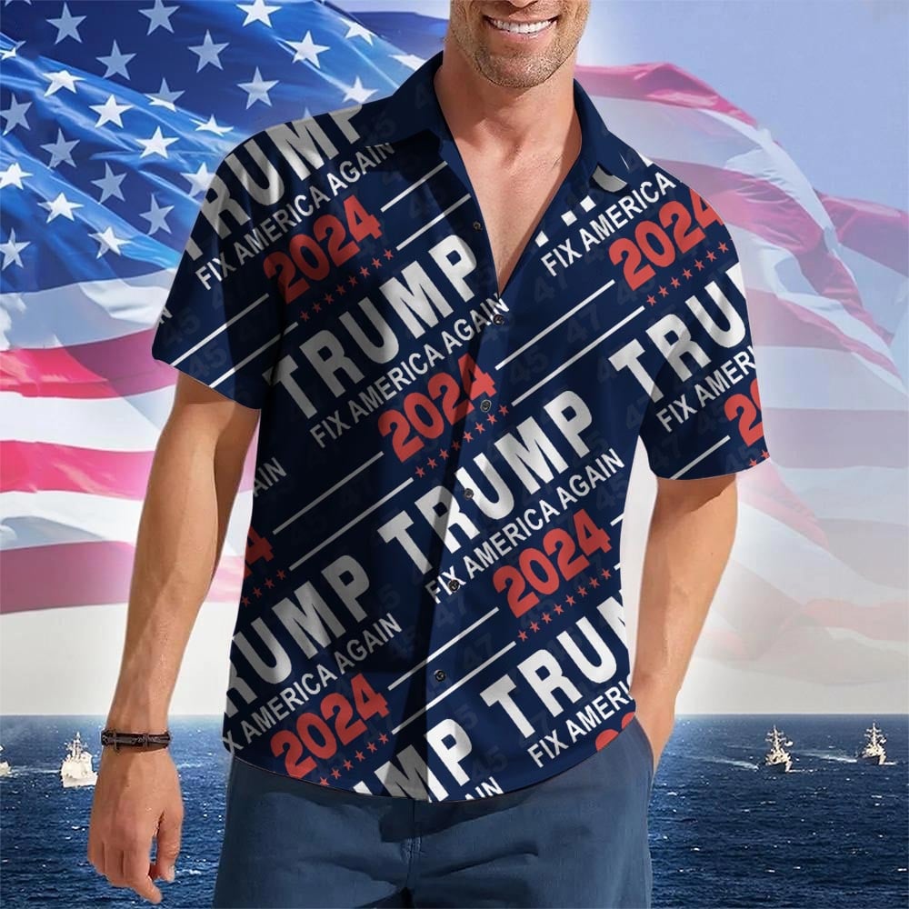 Trump 2024 Fix America Again Hawaiian Shirt MAGA Merch Donald Trump Button Up Shirt Gift