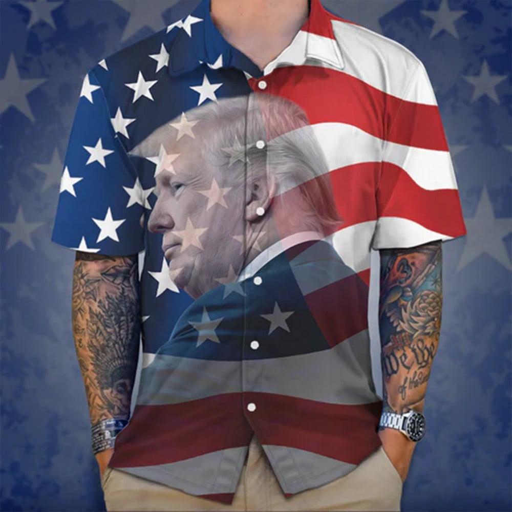 Trump 2024 Hawaiian Shirt American Flag Donald Trump Campaign MAGA Shirt Patriotic Button Down
