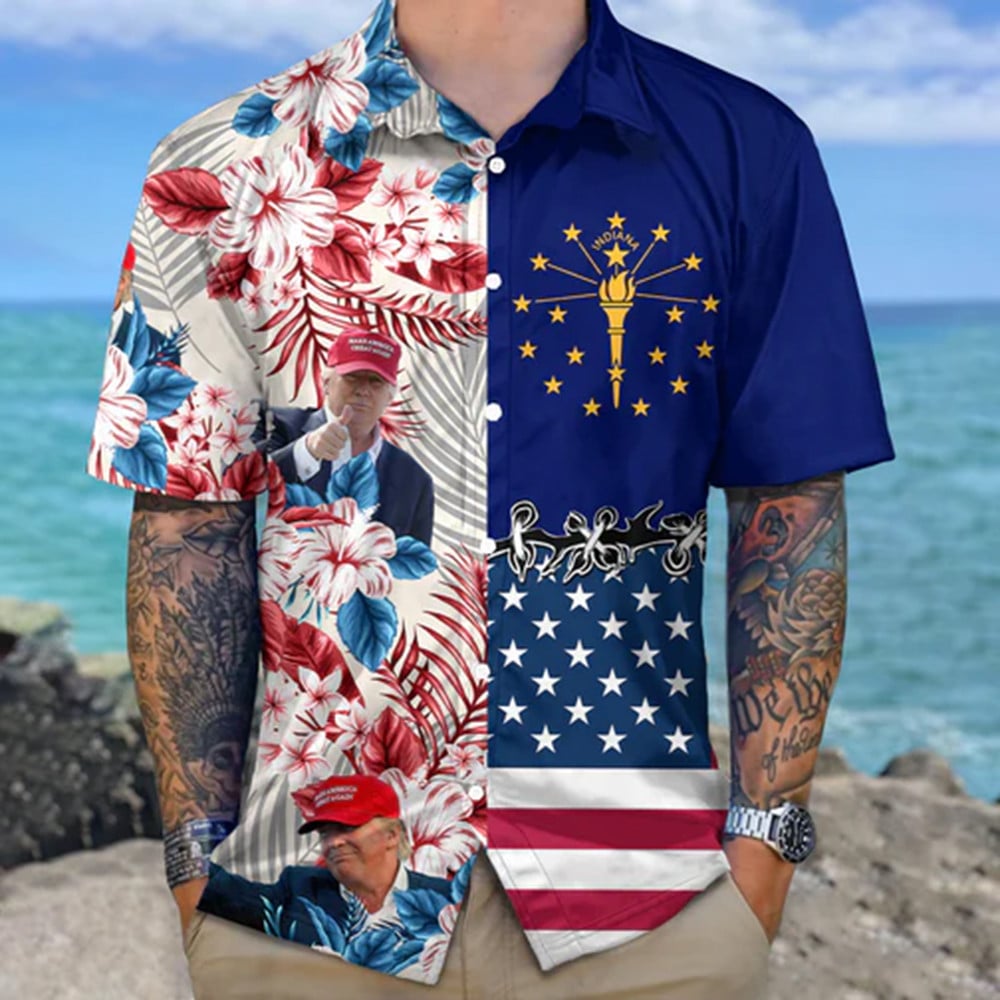 Trump 2024 Indiana And USA Flag Hawaiian Shirt Indiana Support Trump For President 47 Shirt