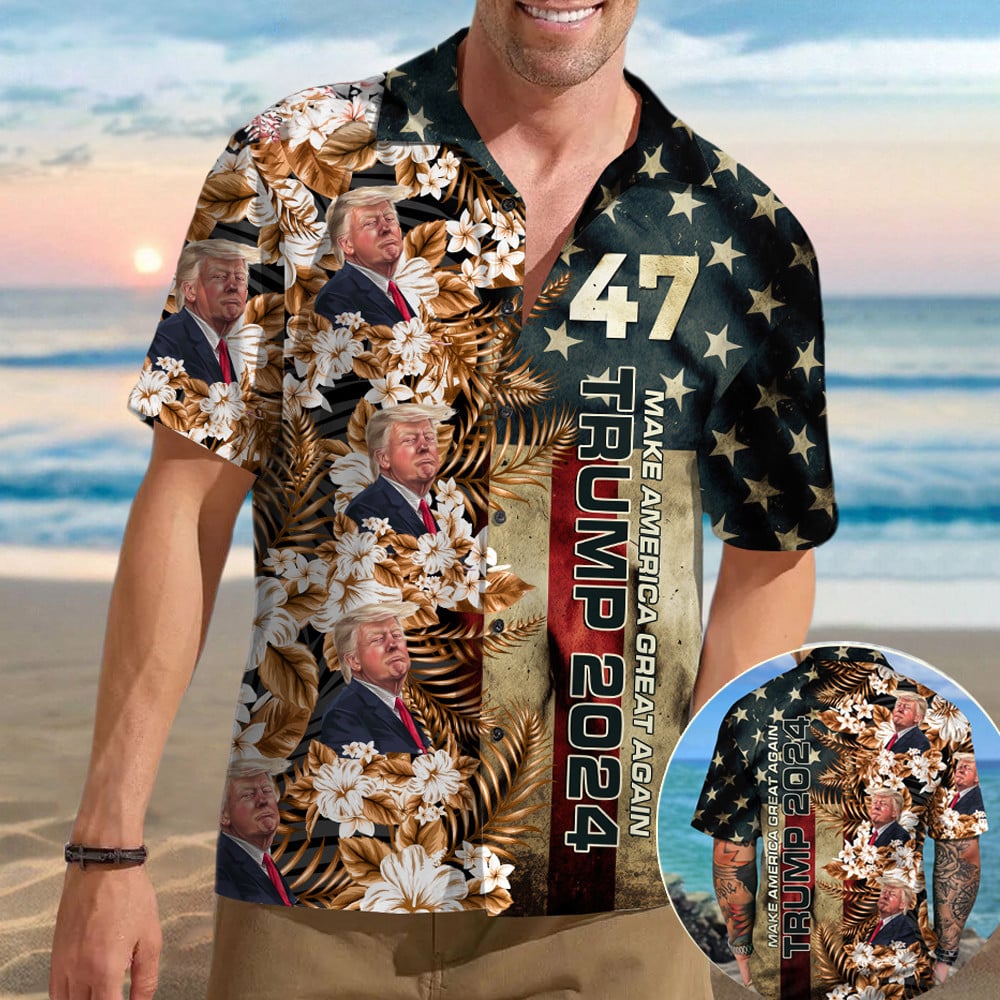 Trump 2024 Make America Great Again Hawaiian Shirt Donald Trump 47 USA Flag Aloha Shirt