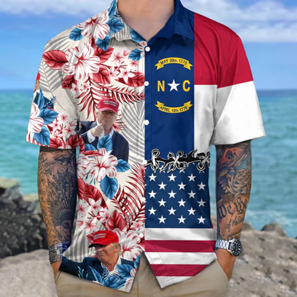 Trump 2024 North Carolina And USA Flag Hawaiian Shirt North Carolina Support For Trump Shirt