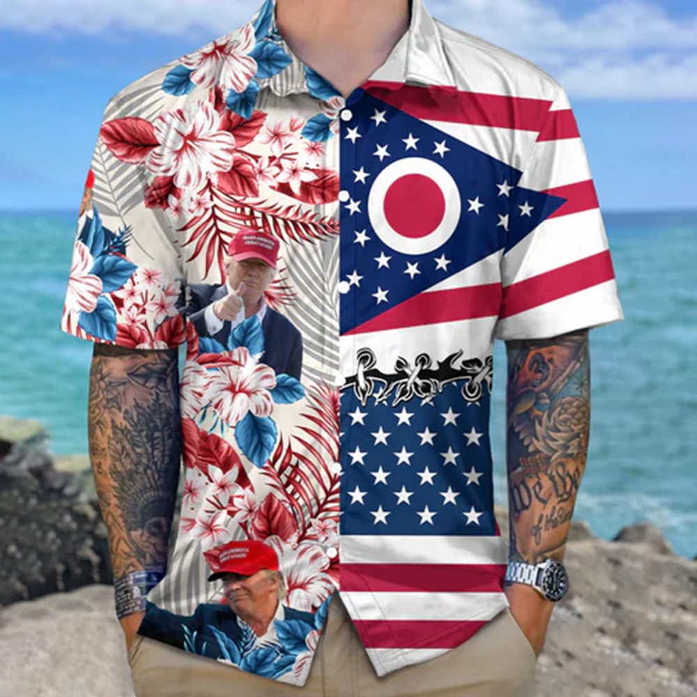 Trump 2024 Ohio And American Flag Hawaiian Shirt Ohio Support Trump For President Shirt