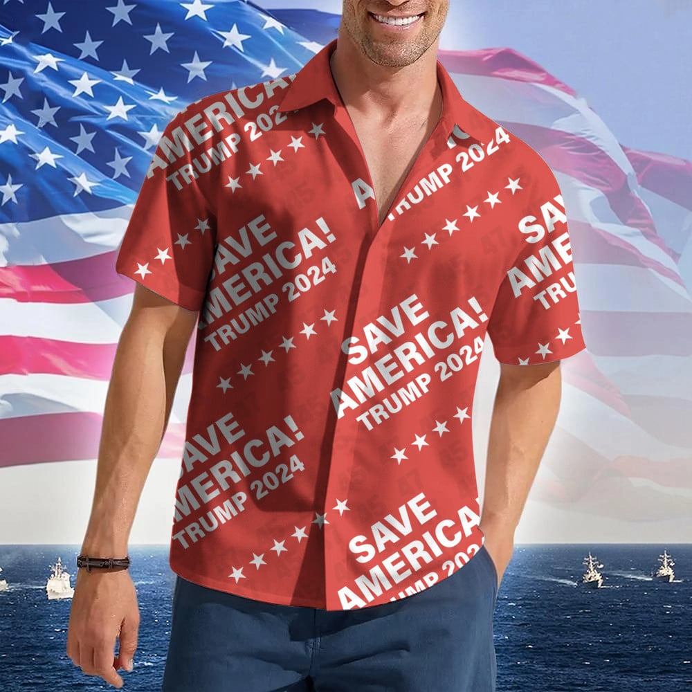 Trump 2024 Save America Hawaiian Shirt Donald Trump Campaign Patriotic Button Up Shirt Men's