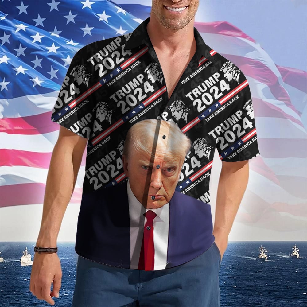 Trump 2024 Take America Back Hawaiian Shirt Trump Mugshot Patriotic Button Up Shirt MAGA Merch