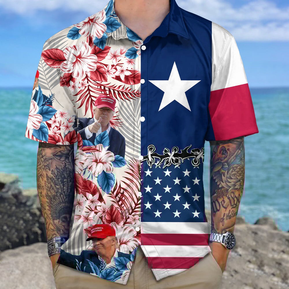 Trump 2024 Texas And American Flag Hawaiian Shirt Texas Support For Donald Trump Summer Shirt