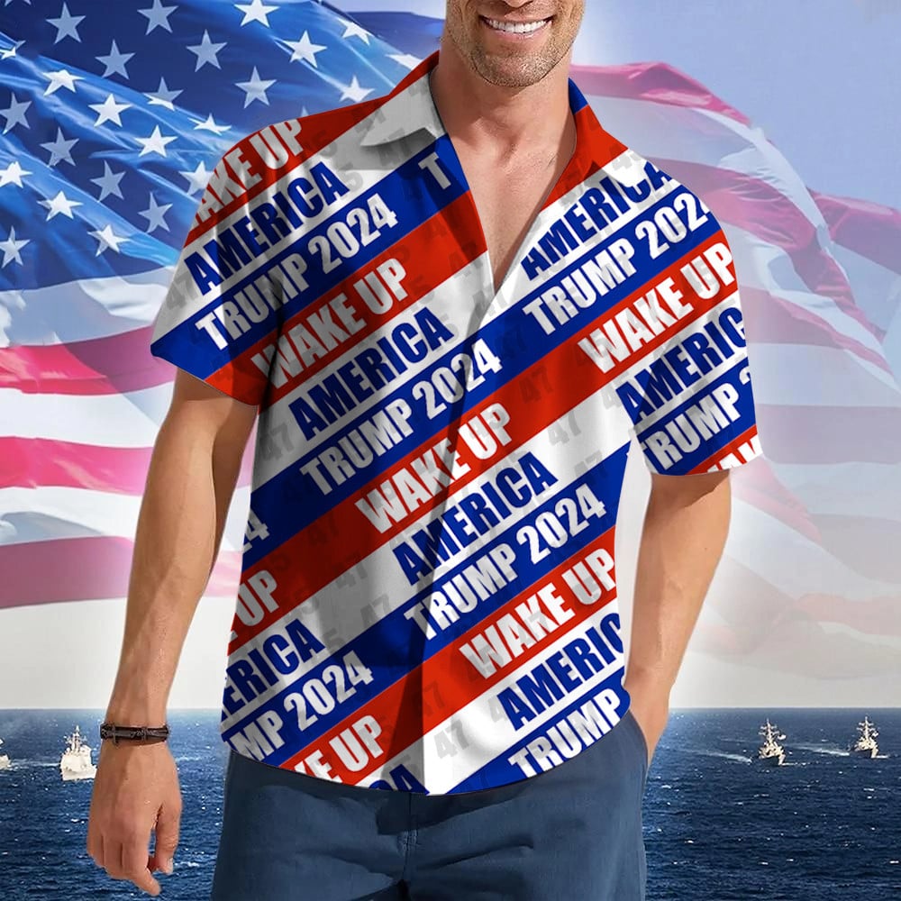 Trump 2024 Wake Up America Hawaiian Shirt Trump Campaign Patriotic Button Up Shirt MAGA Merch