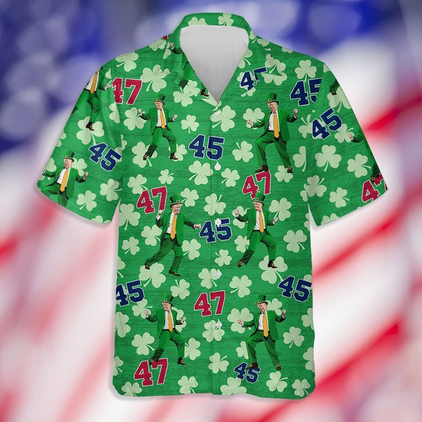 Trump 45 47 Shamrock Patrick's Day Hawaiian Shirt MAGA Merch Gifts For St Patrick's Day