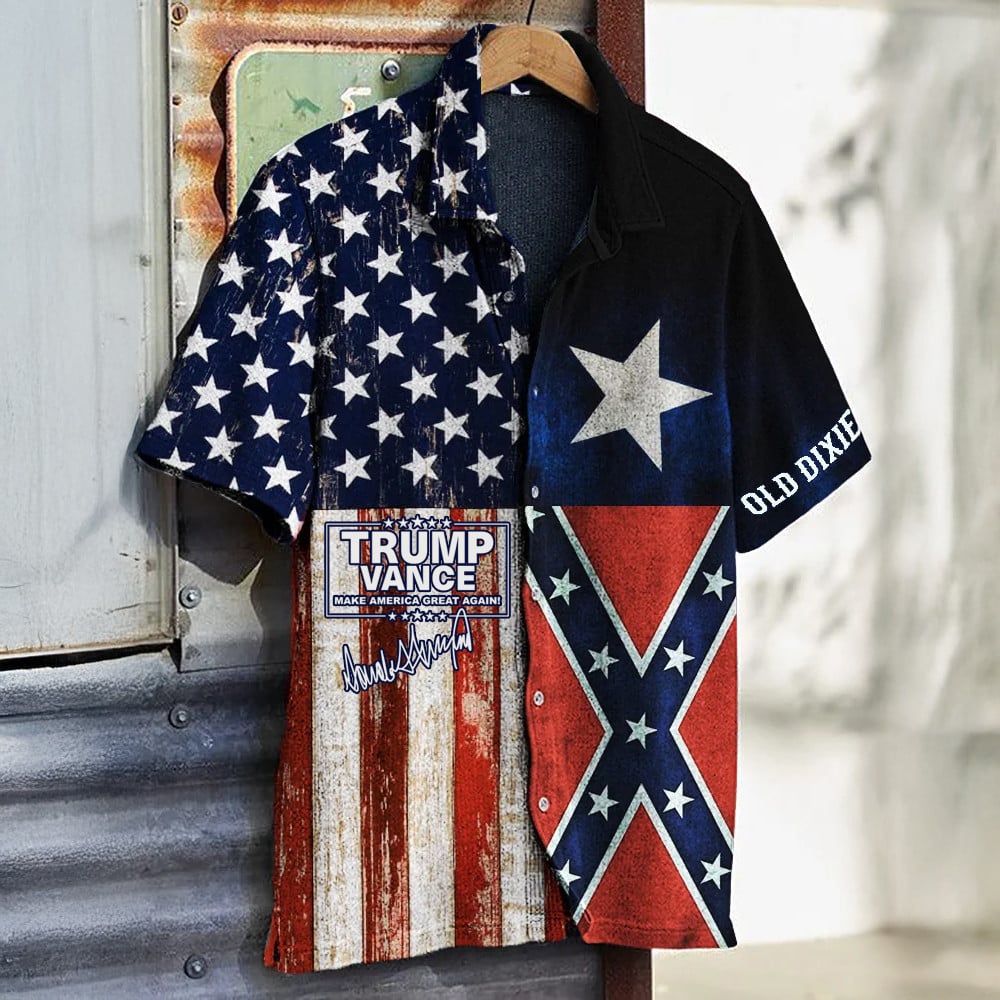 Trump Vance Hawaiian Shirt Texas And American Flag Old Dixie Shirt Vintage Southern Pride Merch