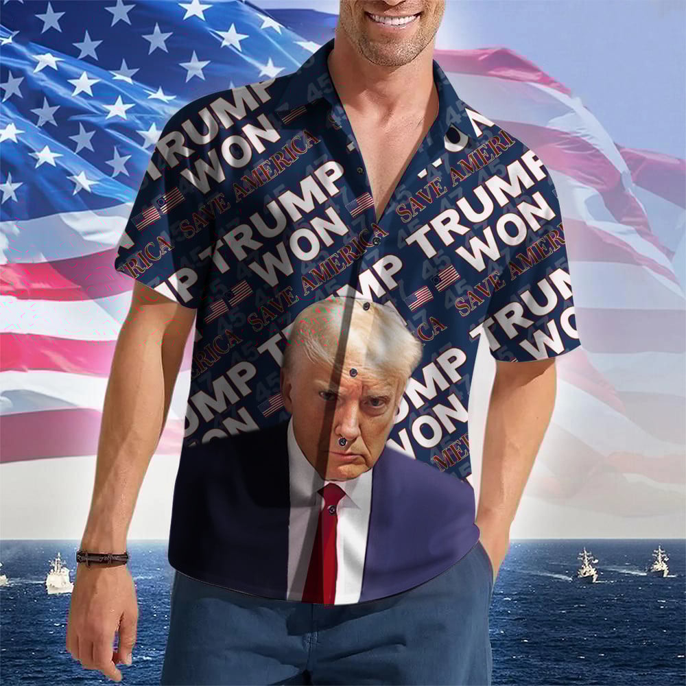 Trump Won Save America Hawaiian Shirt Trump Mugshot Merch MAGA 2024 Patriotic Button Up Shirt