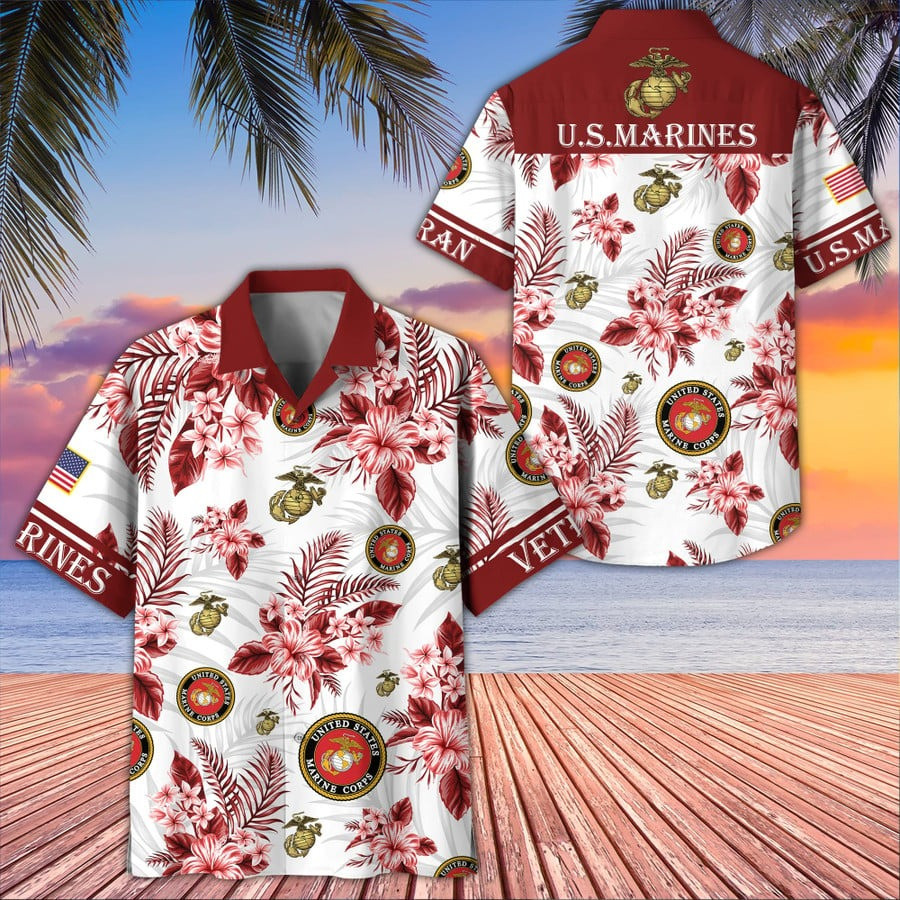 U.S Marine Corps Veteran Hawaiian Shirt Hibiscus Aloha Shirt Apparel Good Veterans Day Gifts