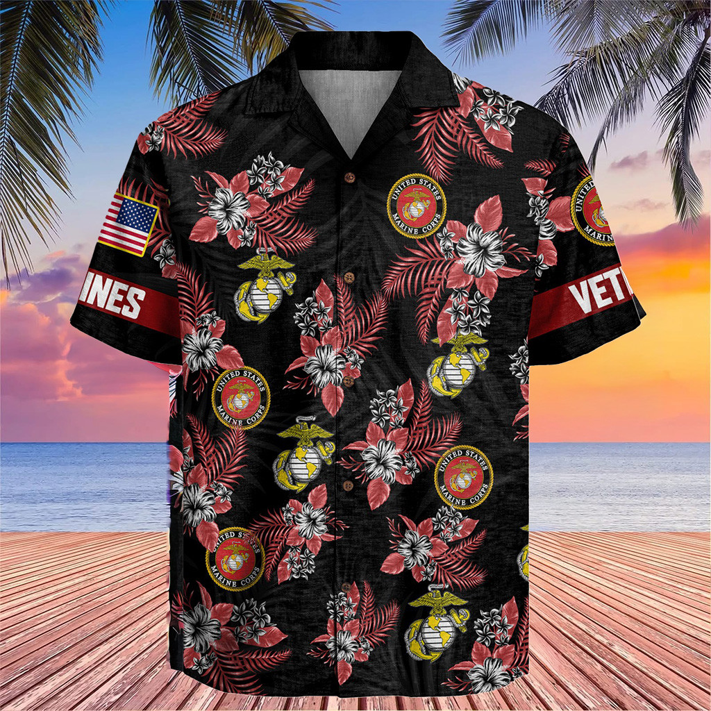 U.S Marine Corps Veteran Hawaiian Shirt Hibiscus Aloha Shirt USMC Gifts for Marines Veteran