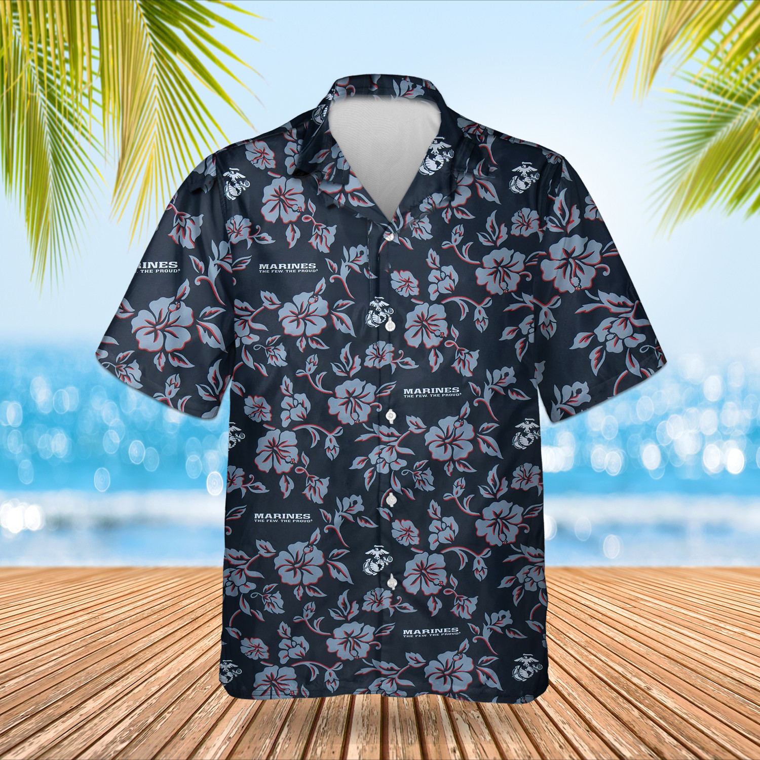 U.S. Marines Hawaiian Shirt Men's Hibiscus Flower Aloha Shirt Marine Corps USMC Merch