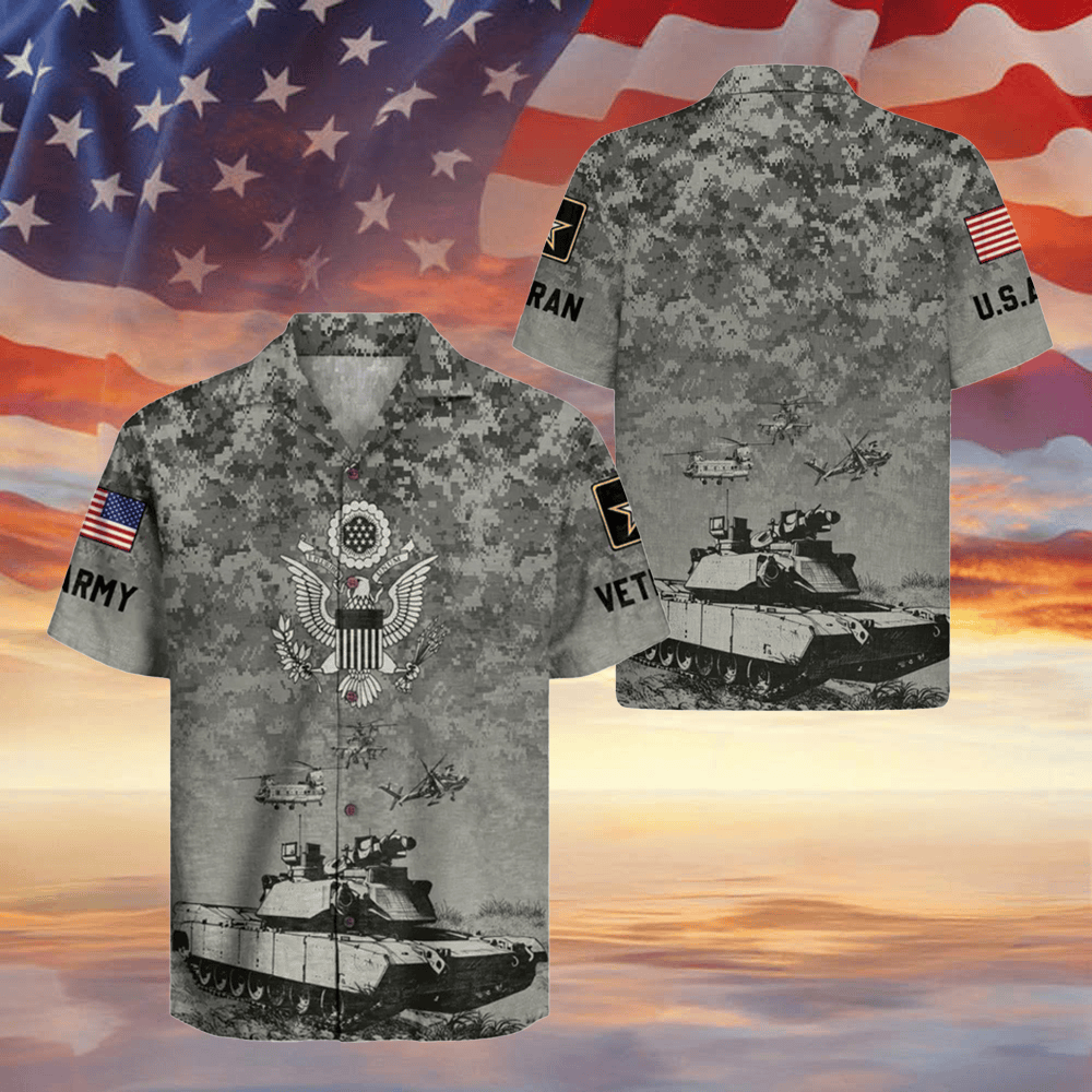 United States Army Veteran Camo Hawaiian Shirt Patriotic Military Shirt Army Veteran Gift Ideas
