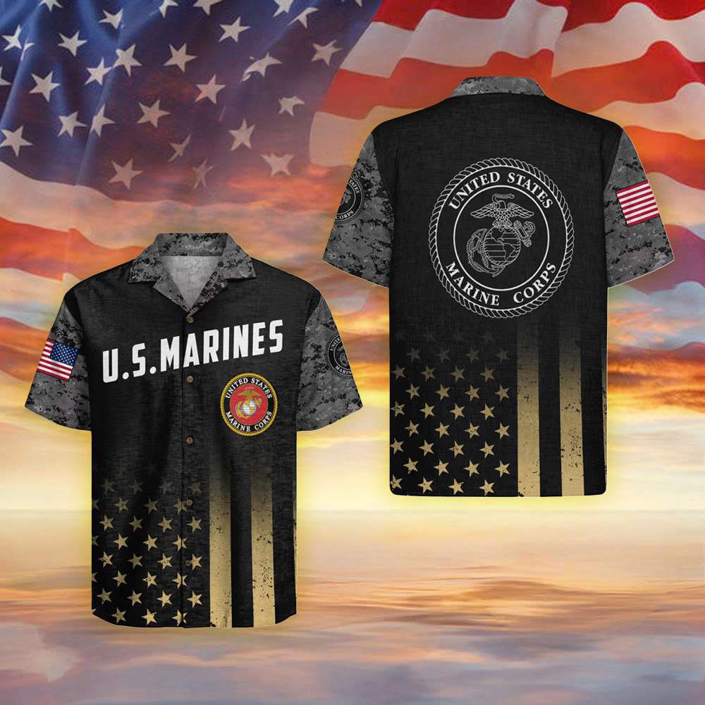 United States Marine Corps Camo Hawaiian Shirt Military Retirement Apparel USMC Merch