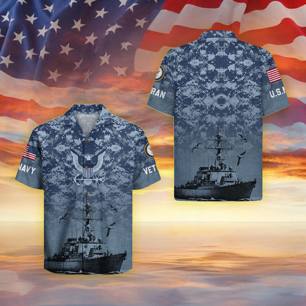 United States Navy Veterans Camo Hawaiian Shirt Military Merch Gifts For Navy Veterans