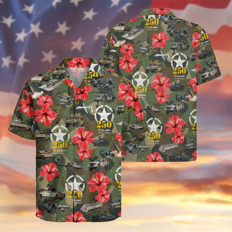 US Army 250th Anniversary Camo Hawaiian Shirt Hibiscus Apparel Patriotic Presents