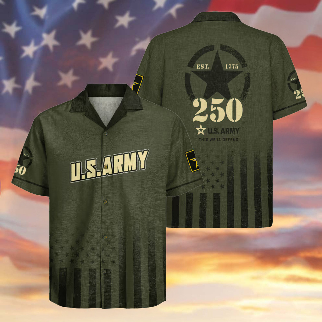 US Army 250th Anniversary Hawaiian Shirt Military Veteran Button Up Shirt Gifts For Dad