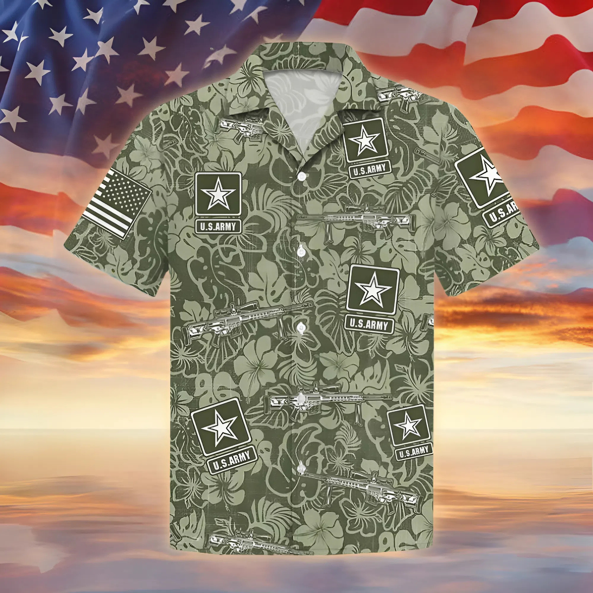 US Army Hawaiian Shirt Military Green Tropical Aloha Shirt Patriotic Apparel Gift For Army Members