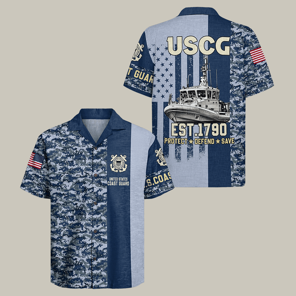 US Coast Guard Hawaiian Shirt Protect Defend Save Shirt USCG Veteran Present