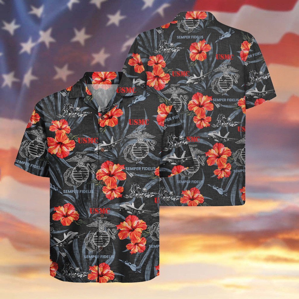 US Marine 250th Years Hawaiian Shirt Semper Fidelis Hibiscus Aloha Shirt Patriotic Gifts